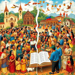 A vibrant and detailed depiction of the history of the Filipino national language and the impact of colonialism during the Spanish era
