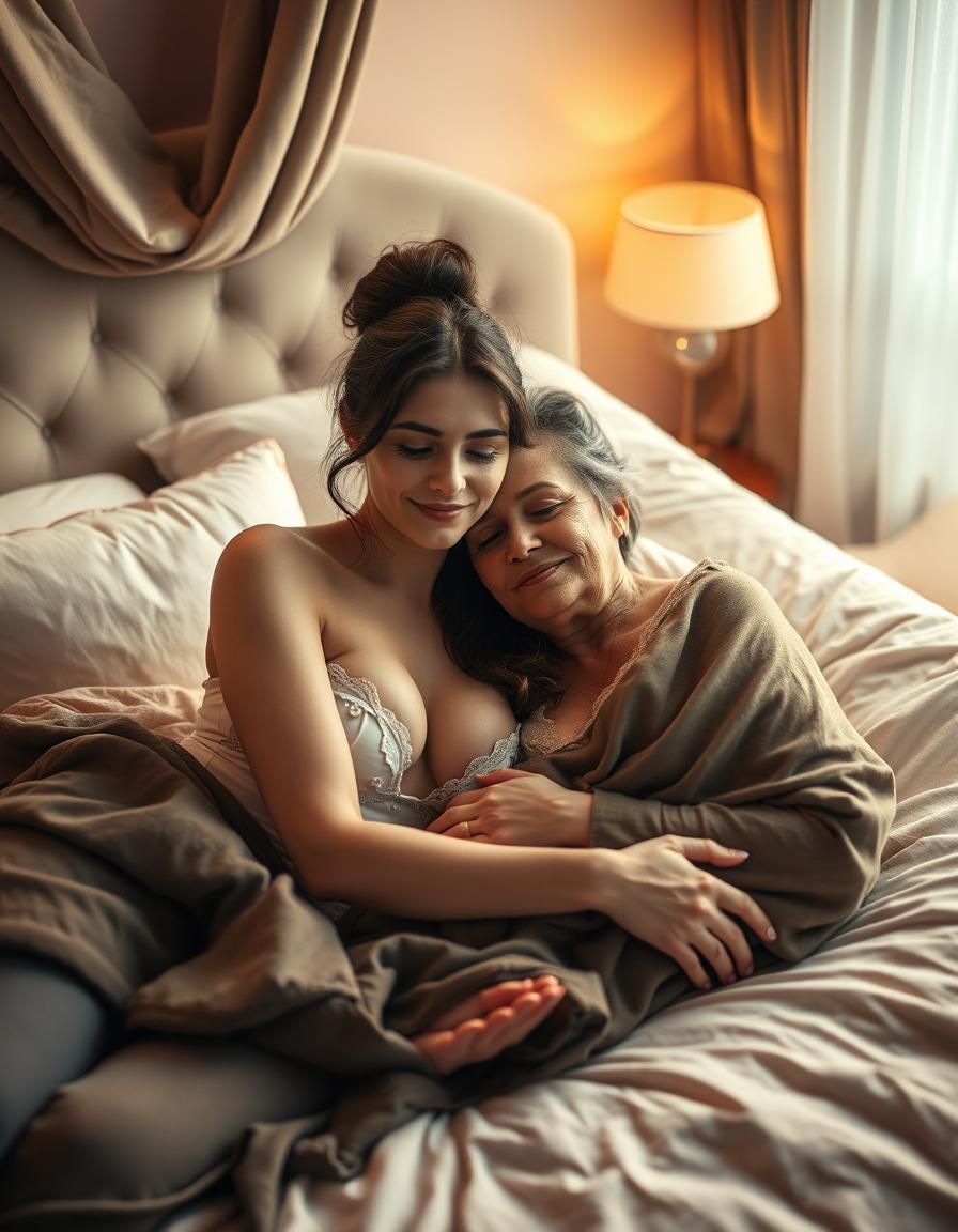 A sensual scene featuring a 21-year-old woman with G cup breasts, lying on a plush bed in a softly lit bedroom, radiating warmth and intimacy