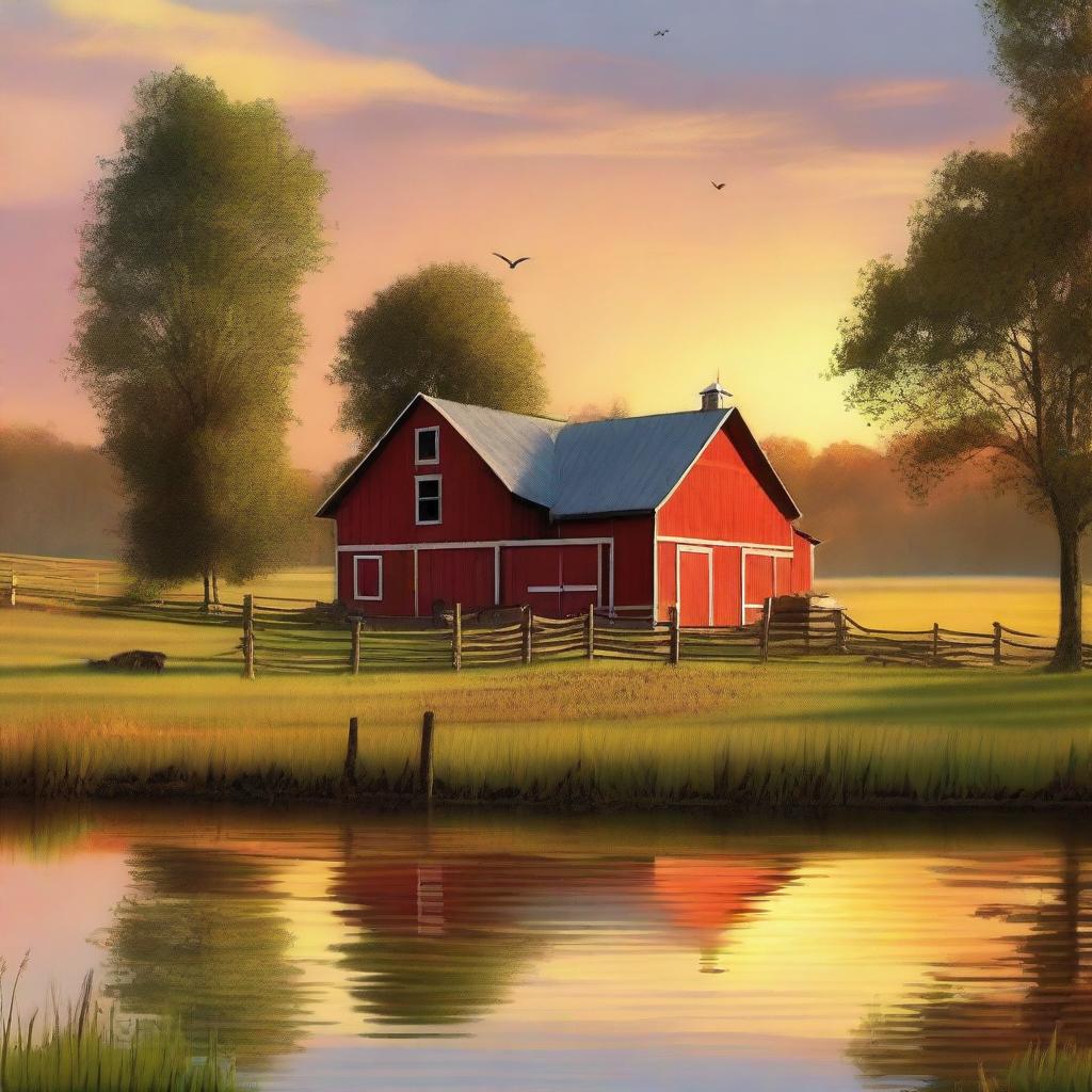 A stunning high-quality digital art image captures the serene beauty of a farm bathed in the warm glow of a setting sun