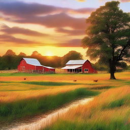 A stunning high-quality digital art image captures the serene beauty of a farm bathed in the warm glow of a setting sun