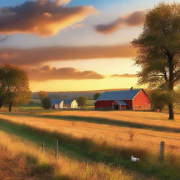 A stunning high-quality digital art image captures the serene beauty of a farm bathed in the warm glow of a setting sun