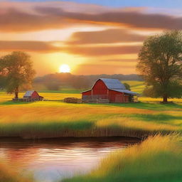 A stunning high-quality digital art image captures the serene beauty of a farm bathed in the warm glow of a setting sun