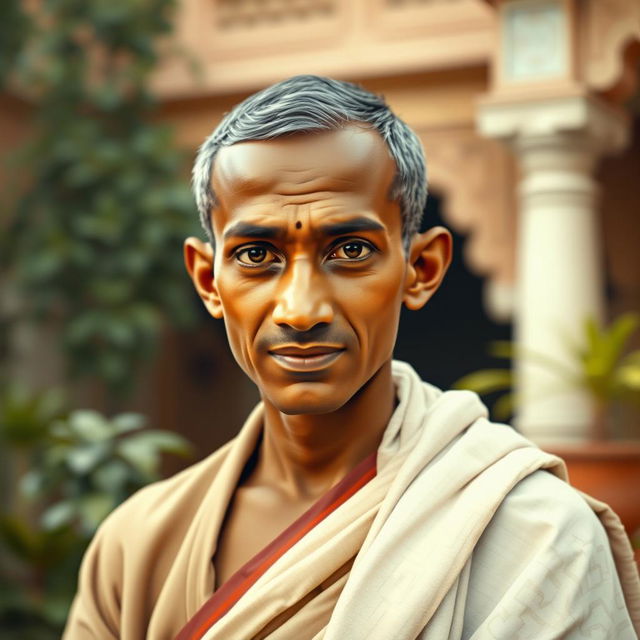 A portrait of a young Mahatma Gandhi at the age of 18, dressed in traditional Indian attire, showcasing his youthful features, with a gentle and contemplative expression