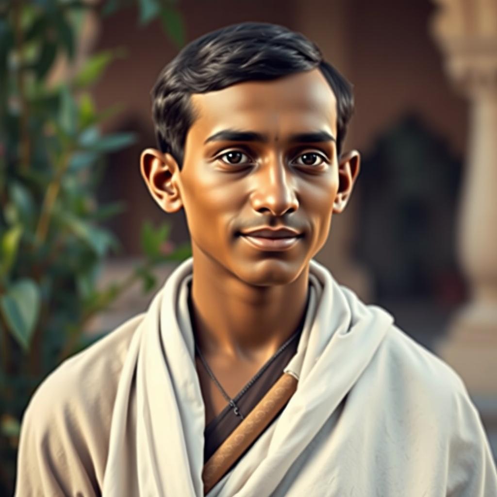 A portrait of a young Mahatma Gandhi at the age of 18, dressed in traditional Indian attire, showcasing his youthful features, with a gentle and contemplative expression