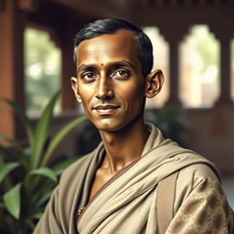 A portrait of a young Mahatma Gandhi at the age of 18, dressed in traditional Indian attire, showcasing his youthful features, with a gentle and contemplative expression