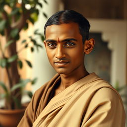 A portrait of a young Mahatma Gandhi at the age of 18, dressed in traditional Indian attire, showcasing his youthful features, with a gentle and contemplative expression