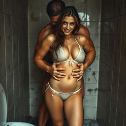 A hot and sultry full-length photoshoot featuring a beautiful 24-year-old Arab woman in a transparent torn bikini that highlights her sexy cleavage, navel, and legs