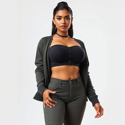 An Indian woman with full push-up breasts and big hips, featuring a round face and a defined jawline
