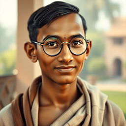 A portrait of a young Mahatma Gandhi at the age of 18, capturing his youthful expression, dressed in traditional Indian clothing such as a dhoti and shawl