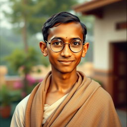 A portrait of a young Mahatma Gandhi at the age of 18, capturing his youthful expression, dressed in traditional Indian clothing such as a dhoti and shawl