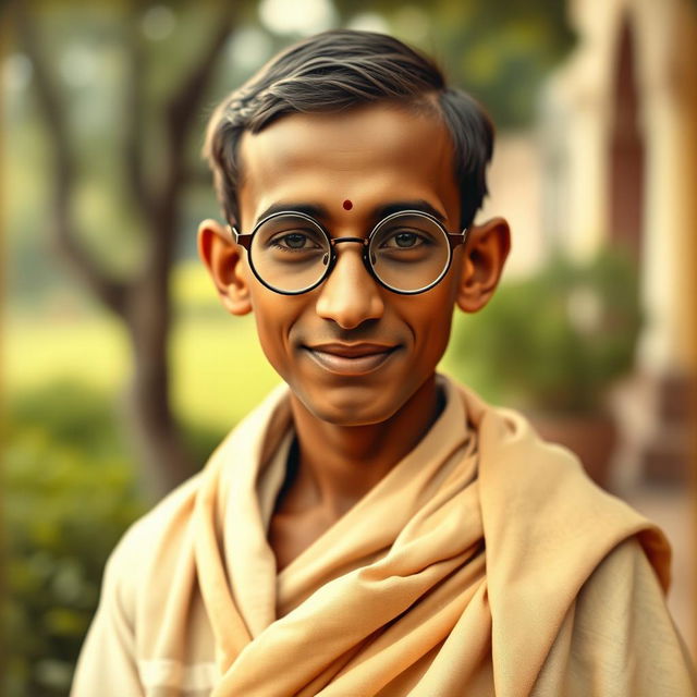 A portrait of a young Mahatma Gandhi at the age of 18, capturing his youthful expression, dressed in traditional Indian clothing such as a dhoti and shawl