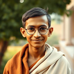 A portrait of a young Mahatma Gandhi at the age of 18, capturing his youthful expression, dressed in traditional Indian clothing such as a dhoti and shawl