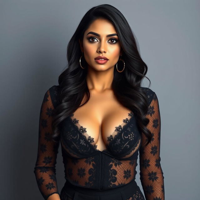 An Indian woman with full push-up breasts and big hips, featuring a round face and a defined jawline