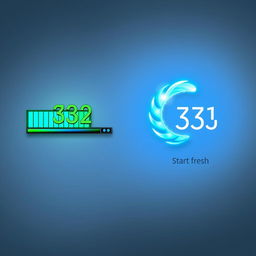 A visual representation of loading symbols illustrating progress: on the left, a bold, completed loading bar at 100%, vividly decorated with bright greens and blues along with a large '32' prominently displayed in elegant font