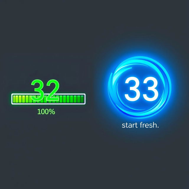 A visual representation of loading symbols illustrating progress: on the left, a bold, completed loading bar at 100%, vividly decorated with bright greens and blues along with a large '32' prominently displayed in elegant font