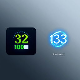 A visual representation of loading symbols illustrating progress: on the left, a bold, completed loading bar at 100%, vividly decorated with bright greens and blues along with a large '32' prominently displayed in elegant font