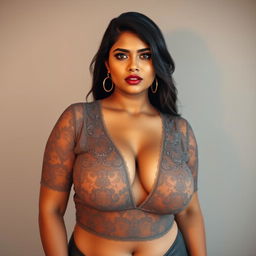 A big Indian woman with full push-up breasts and big hips, featuring a round face and a defined jawline