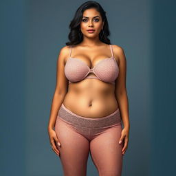 A big Indian woman with full push-up breasts and big hips, featuring a round face and a defined jawline