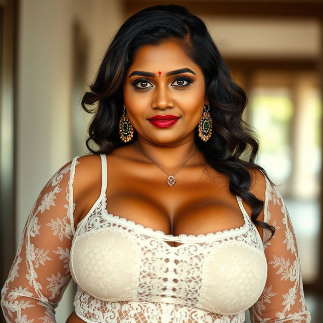 A big Indian woman with full push-up breasts and big hips, featuring a round face and a defined jawline