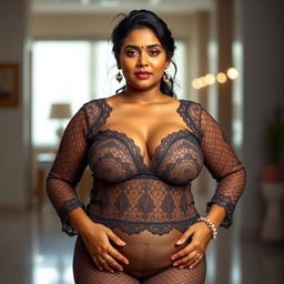 A big Indian woman with full push-up breasts and big hips, featuring a round face and a defined jawline