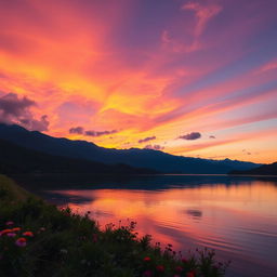 A mesmerizing landscape scene featuring a vibrant sunset over a calm lake