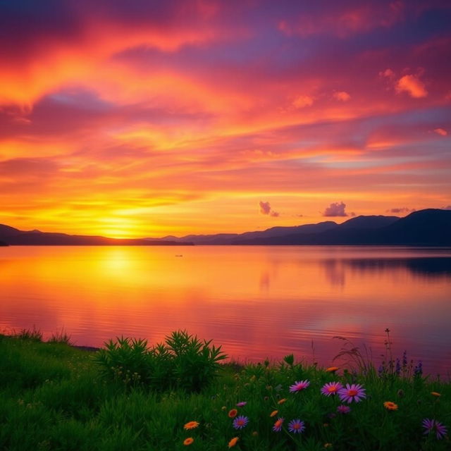 A mesmerizing landscape scene featuring a vibrant sunset over a calm lake