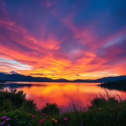 A mesmerizing landscape scene featuring a vibrant sunset over a calm lake