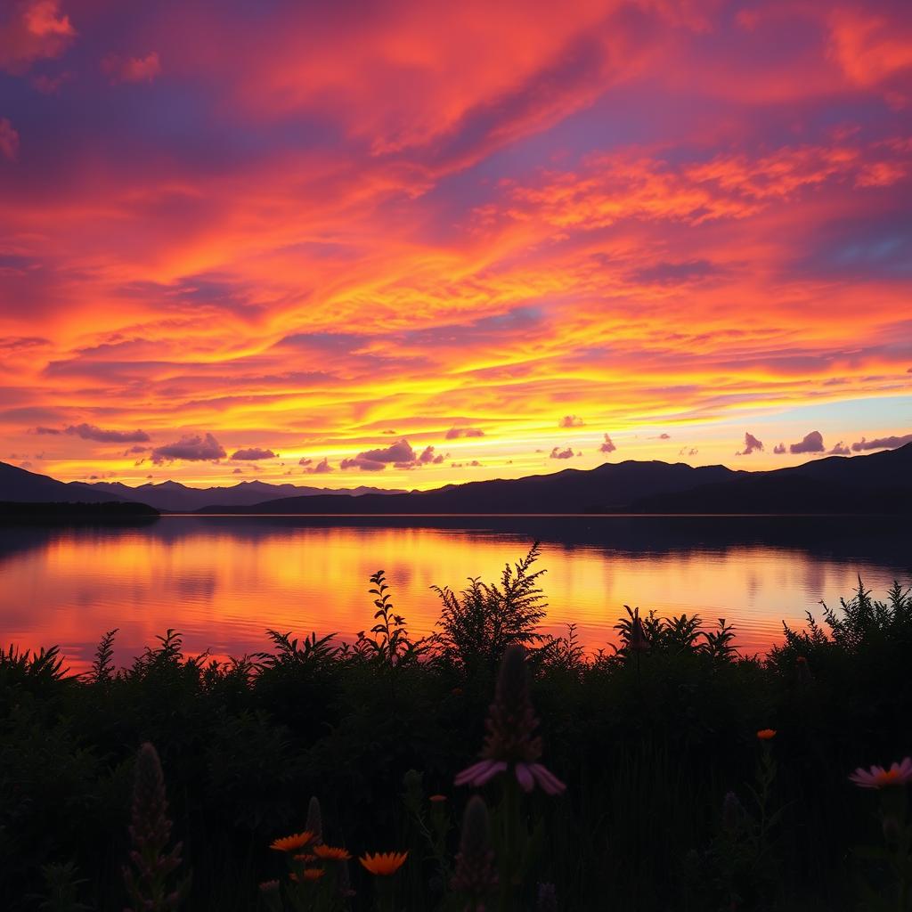 A mesmerizing landscape scene featuring a vibrant sunset over a calm lake