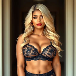 A big North Indian woman with full push-up breasts and big hips, featuring a round face and a defined jawline