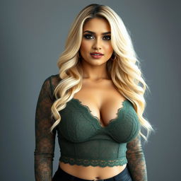 A big North Indian woman with full push-up breasts and big hips, featuring a round face and a defined jawline