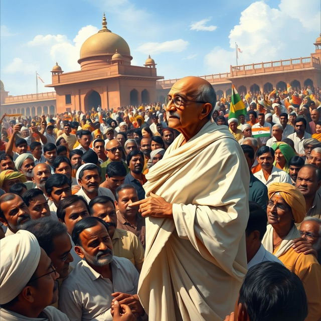 A realistic depiction of Mahatma Gandhi addressing a large crowd of Indian people, capturing the energy and emotion of the moment