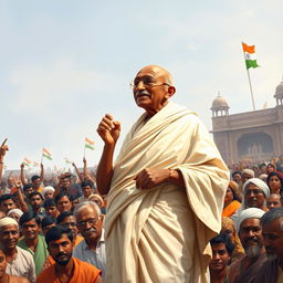 A realistic depiction of Mahatma Gandhi addressing a large crowd of Indian people, capturing the energy and emotion of the moment