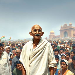 A realistic depiction of Mahatma Gandhi addressing a large crowd of Indian people, capturing the energy and emotion of the moment