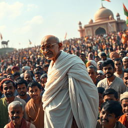 A realistic depiction of Mahatma Gandhi addressing a large crowd of Indian people, capturing the energy and emotion of the moment