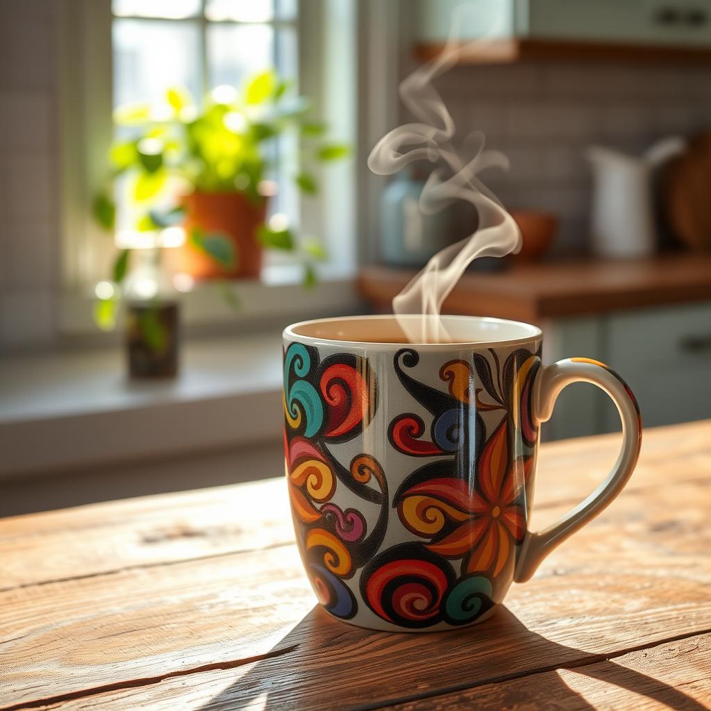 A beautifully designed coffee mug, artistically displayed on a rustic wooden table