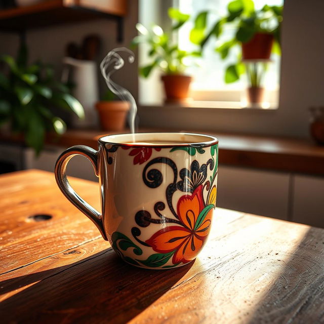 A beautifully designed coffee mug, artistically displayed on a rustic wooden table