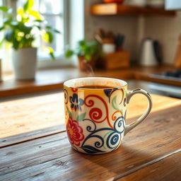 A beautifully designed coffee mug, artistically displayed on a rustic wooden table