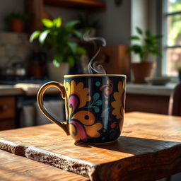 A beautifully designed coffee mug, artistically displayed on a rustic wooden table