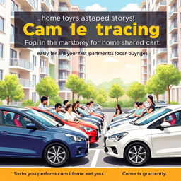 A visually engaging marketing poster for a home trading business specializing in shared cars for multi-storey apartment residents
