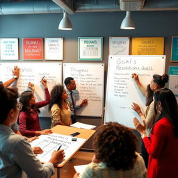 A vibrant scene in an office setting where a diverse group of individuals are enthusiastically drafting their goals on large whiteboards, surrounded by motivational posters