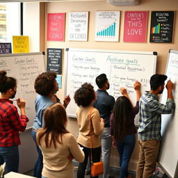 A vibrant scene in an office setting where a diverse group of individuals are enthusiastically drafting their goals on large whiteboards, surrounded by motivational posters