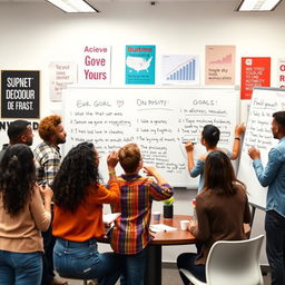 A vibrant scene in an office setting where a diverse group of individuals are enthusiastically drafting their goals on large whiteboards, surrounded by motivational posters