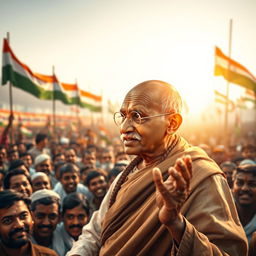 A realistic portrayal of Mahatma Gandhi addressing a large crowd of Indian people during a historic moment