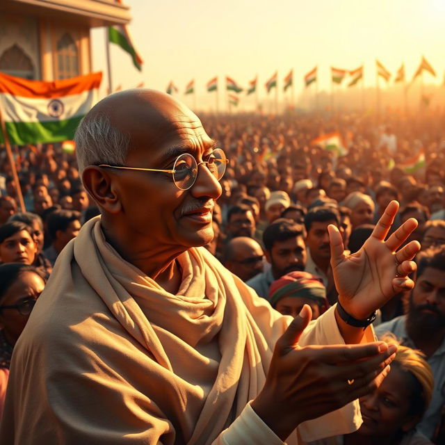 A realistic portrayal of Mahatma Gandhi addressing a large crowd of Indian people during a historic moment