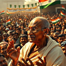 A realistic portrayal of Mahatma Gandhi addressing a large crowd of Indian people during a historic moment
