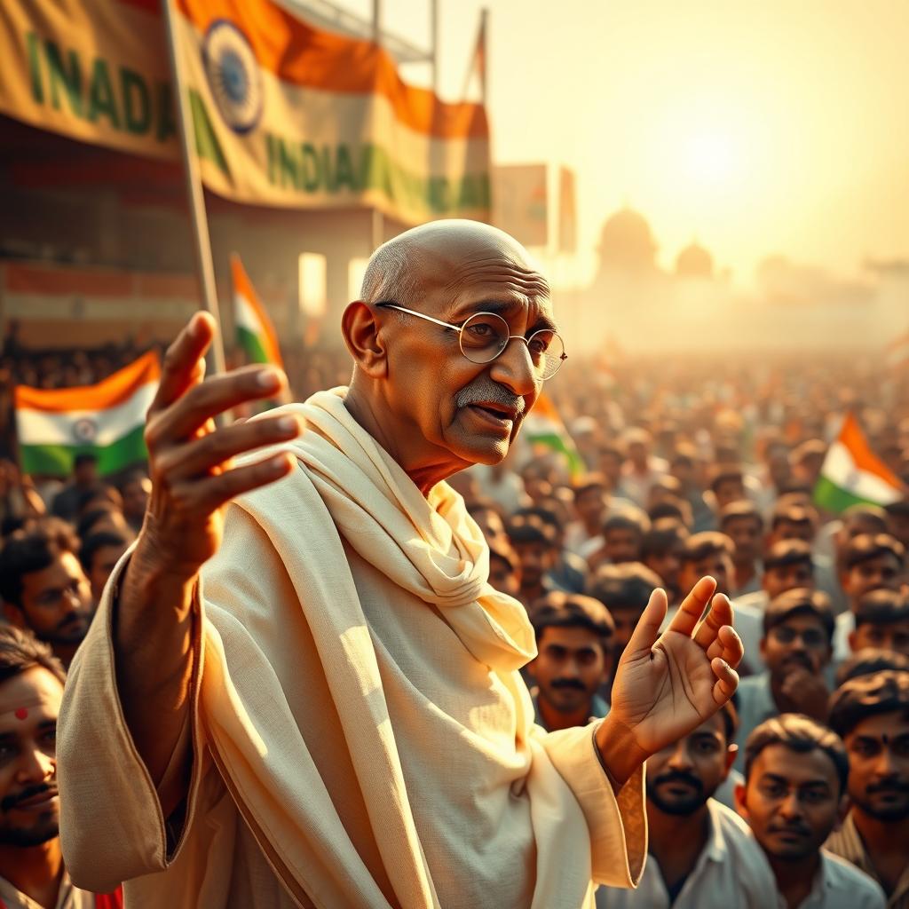 A realistic portrayal of Mahatma Gandhi addressing a large crowd of Indian people during a historic moment