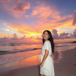 A vibrant sunset over a calm beach, with the waves gently lapping at the shore, and fluffy clouds reflecting hues of orange, pink, and purple in the sky