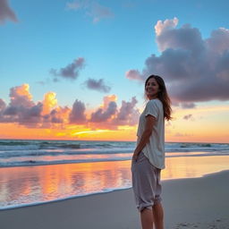A vibrant sunset over a calm beach, with the waves gently lapping at the shore, and fluffy clouds reflecting hues of orange, pink, and purple in the sky