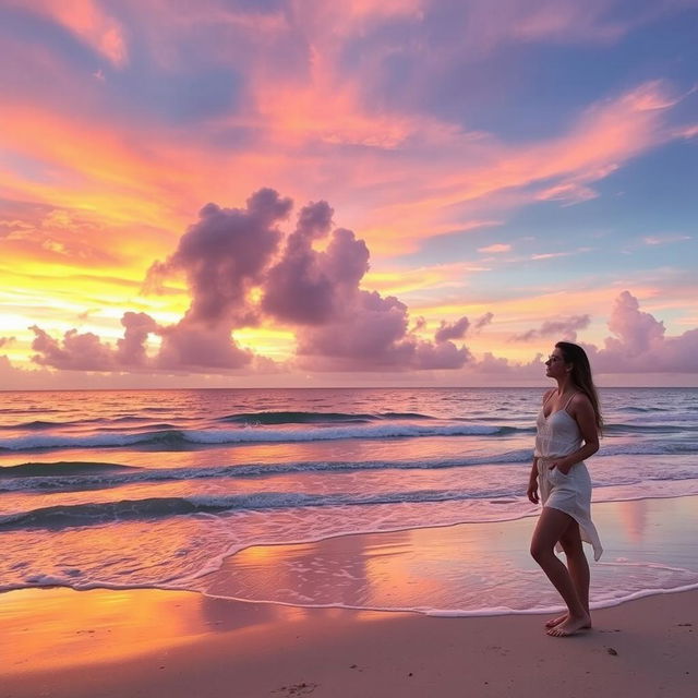 A vibrant sunset over a calm beach, with the waves gently lapping at the shore, and fluffy clouds reflecting hues of orange, pink, and purple in the sky