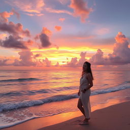 A vibrant sunset over a calm beach, with the waves gently lapping at the shore, and fluffy clouds reflecting hues of orange, pink, and purple in the sky